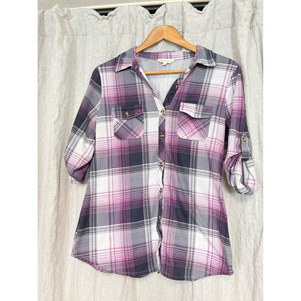 Eden & Olivia‎ Purple Plaid Roll Tab Sleeve Button Up Shirt Womens Medium